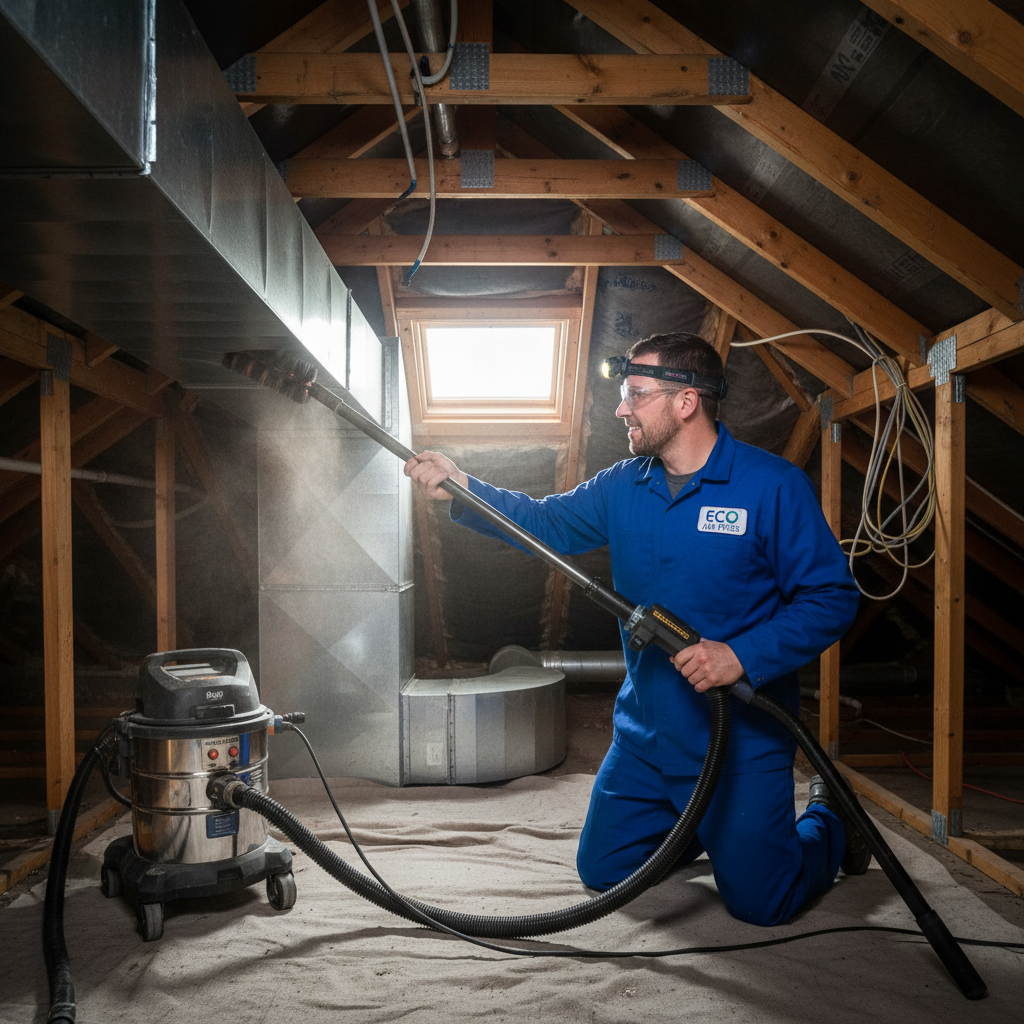 A friendly Eco Air Pros technician performing air duct cleaning service inside a Lombard residence, improving home efficiency.