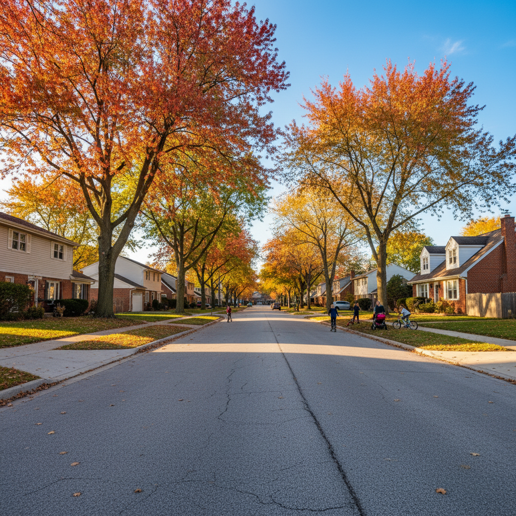 A tree-lined residential street in Mount Prospect, IL, showcasing the community where Eco Air Pros Heating & Cooling operates.