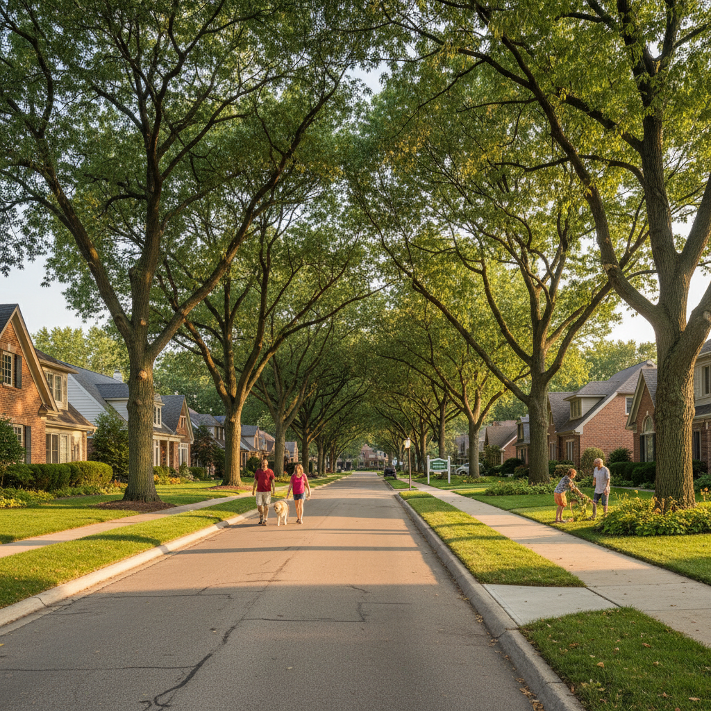 A tree-lined residential street in Northfield, IL, showcasing the community where Eco Air Pros Heating & Cooling serves.