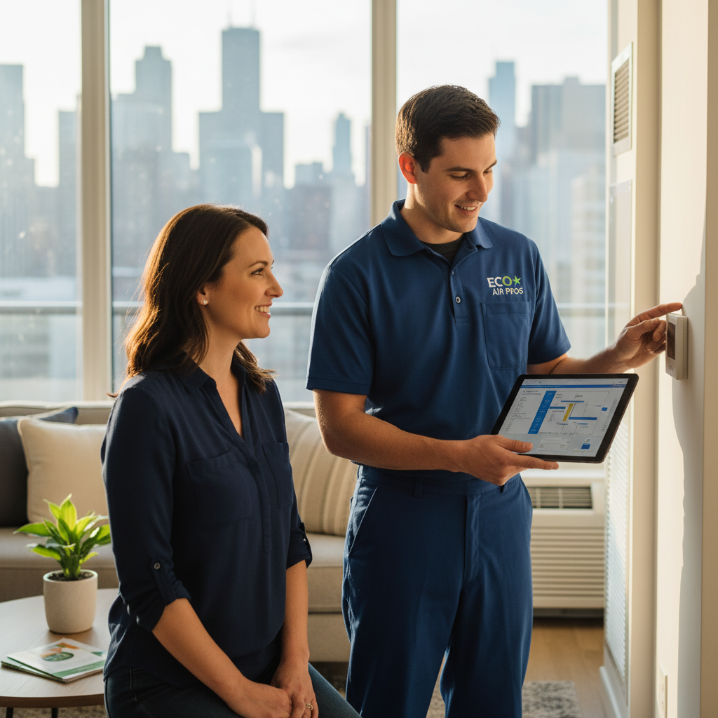 An Eco Air Pros expert discussing HVAC system options with a homeowner in West Loop Gate.