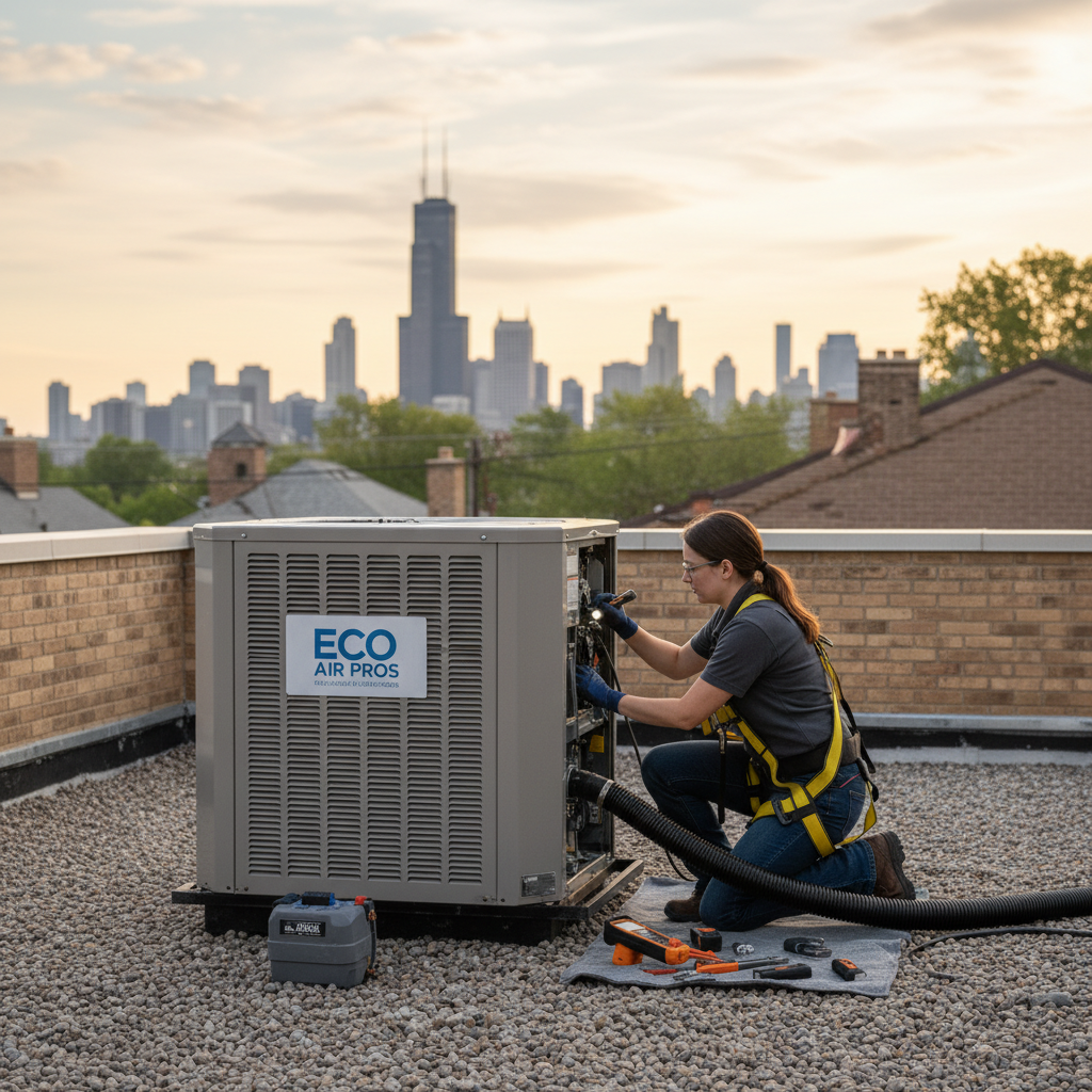 An Eco Air Pros expert performing routine maintenance on a commercial HVAC system in Portage Park.