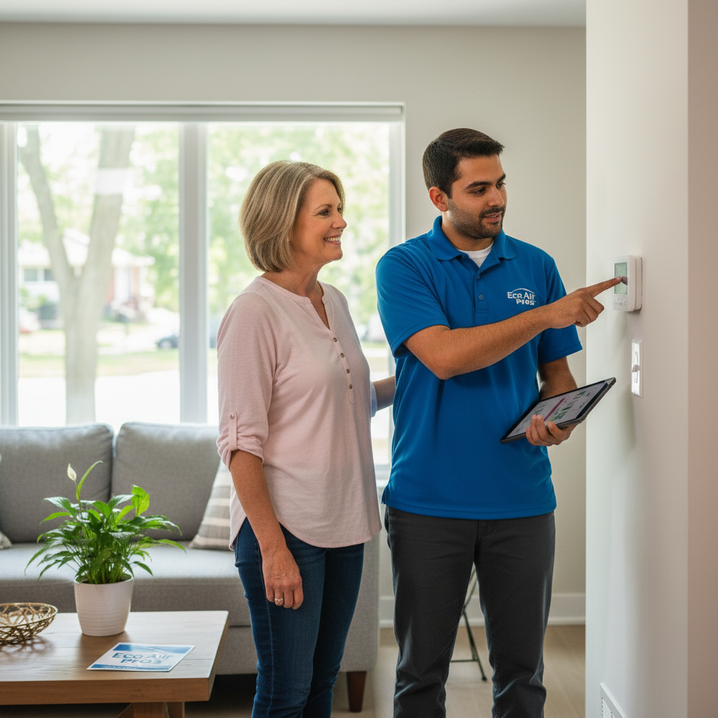 An Eco Air Pros HVAC technician discussing optimal heating and cooling solutions with a satisfied client in West Ridge.