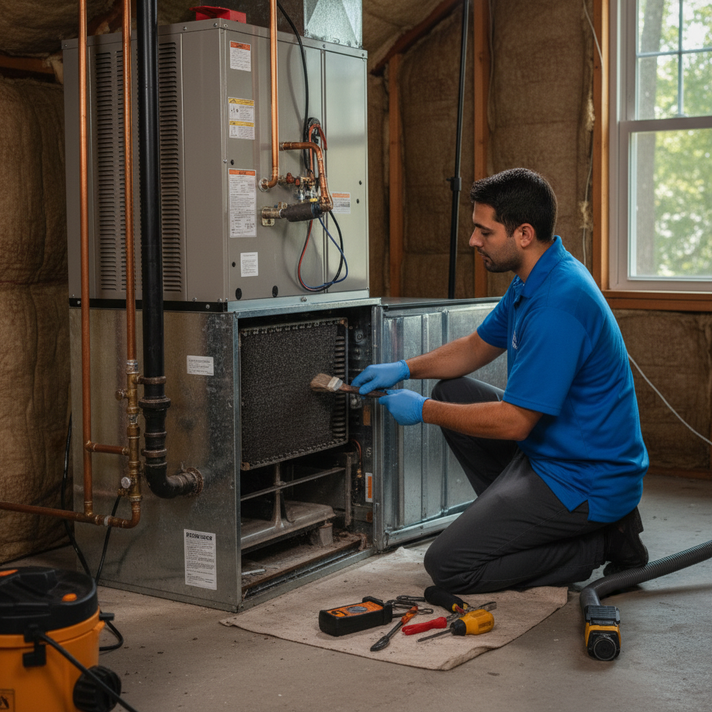 An Eco Air Pros professional performing a thorough furnace inspection and cleaning in a West Ridge residence.