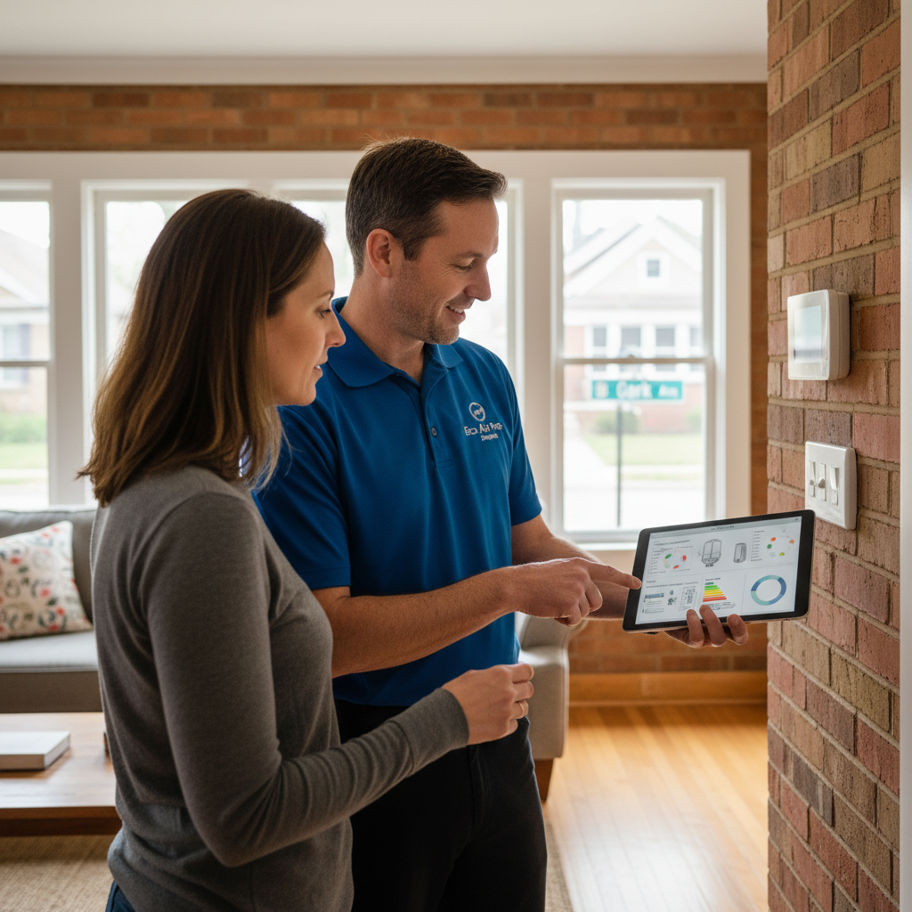 An Eco Air Pros Staging team member discussing HVAC system options with a homeowner in Gage Park, Illinois.