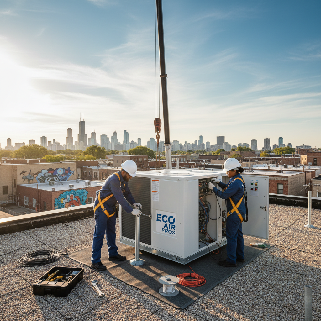 An Eco Air Pros team installing a new HVAC unit on a rooftop in Little Village, Illinois.