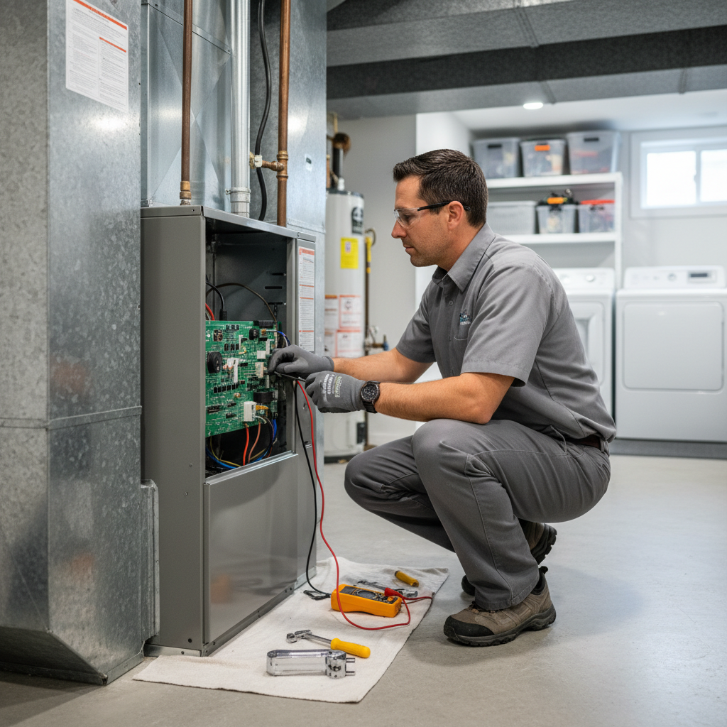 An Eco Air Pros technician checking a furnace system inside a Hanson Park, Illinois residence.