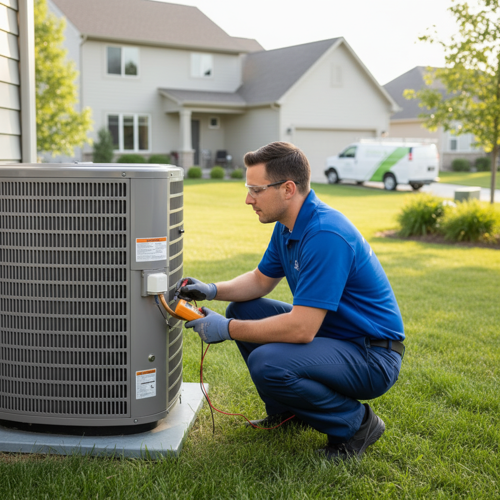An Eco Air Pros technician checking an outdoor air conditioning unit in Northbrook.