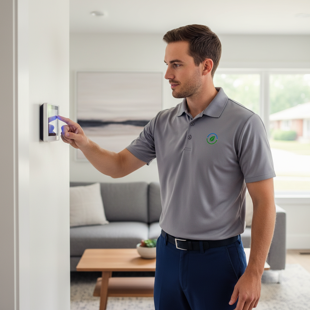 An Eco Air Pros technician checking the thermostat and climate control system in a Burbank, IL home.
