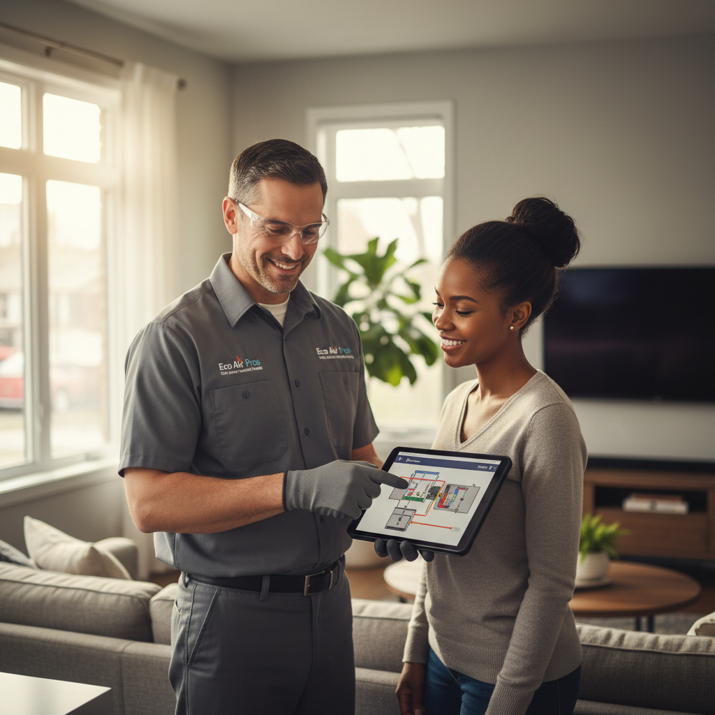 An Eco Air Pros technician consulting with a homeowner about HVAC services in Hanson Park, Illinois.