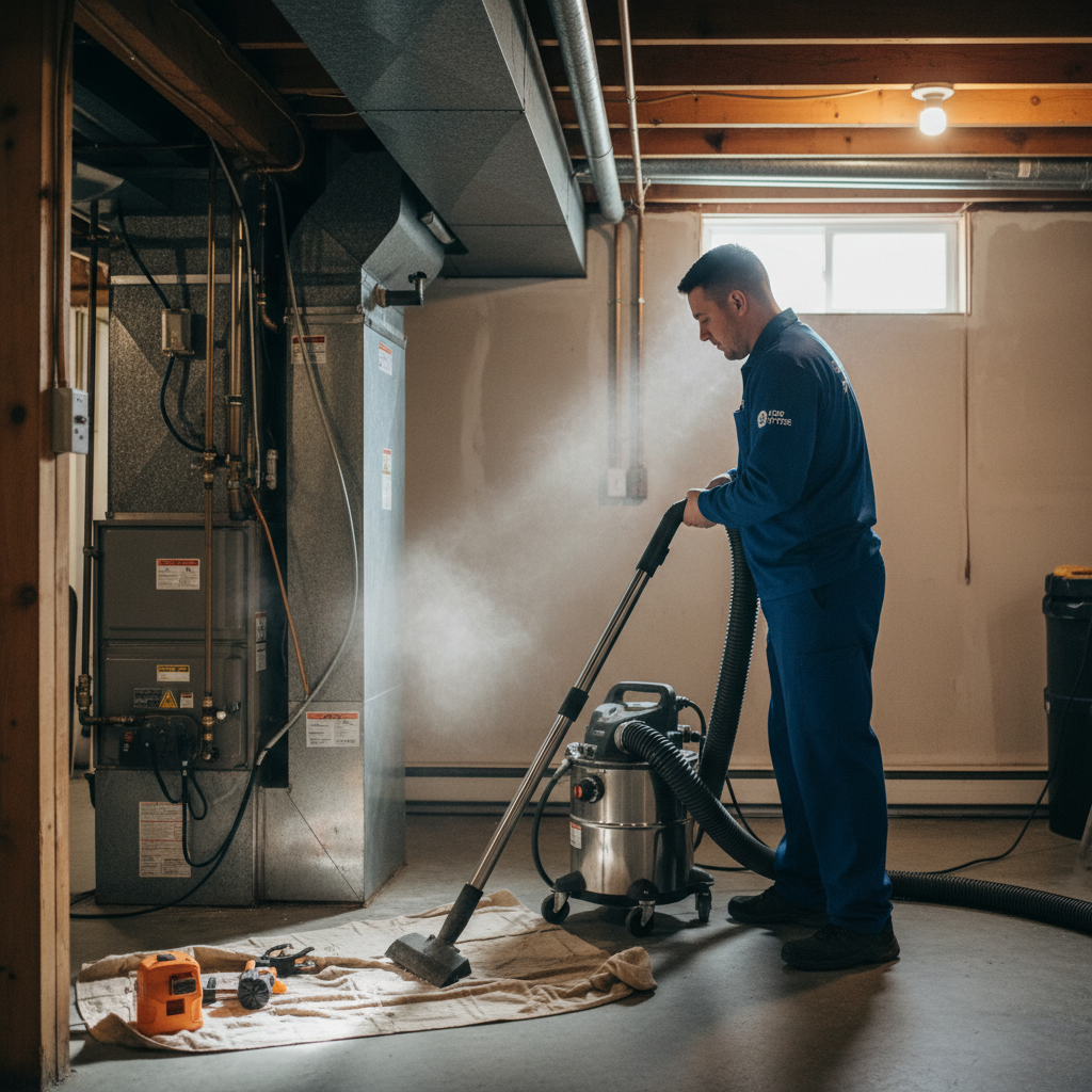 An Eco Air Pros technician performing air duct cleaning with specialized equipment in a Harwood Heights home.