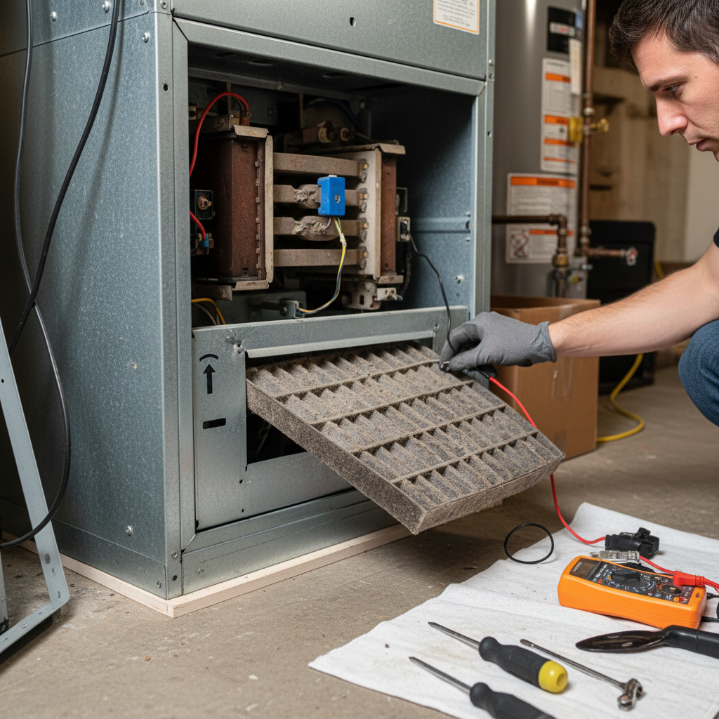 An HVAC technician replacing a dirty furnace filter, a common service needed for heating & cooling in Mount Prospect, IL.