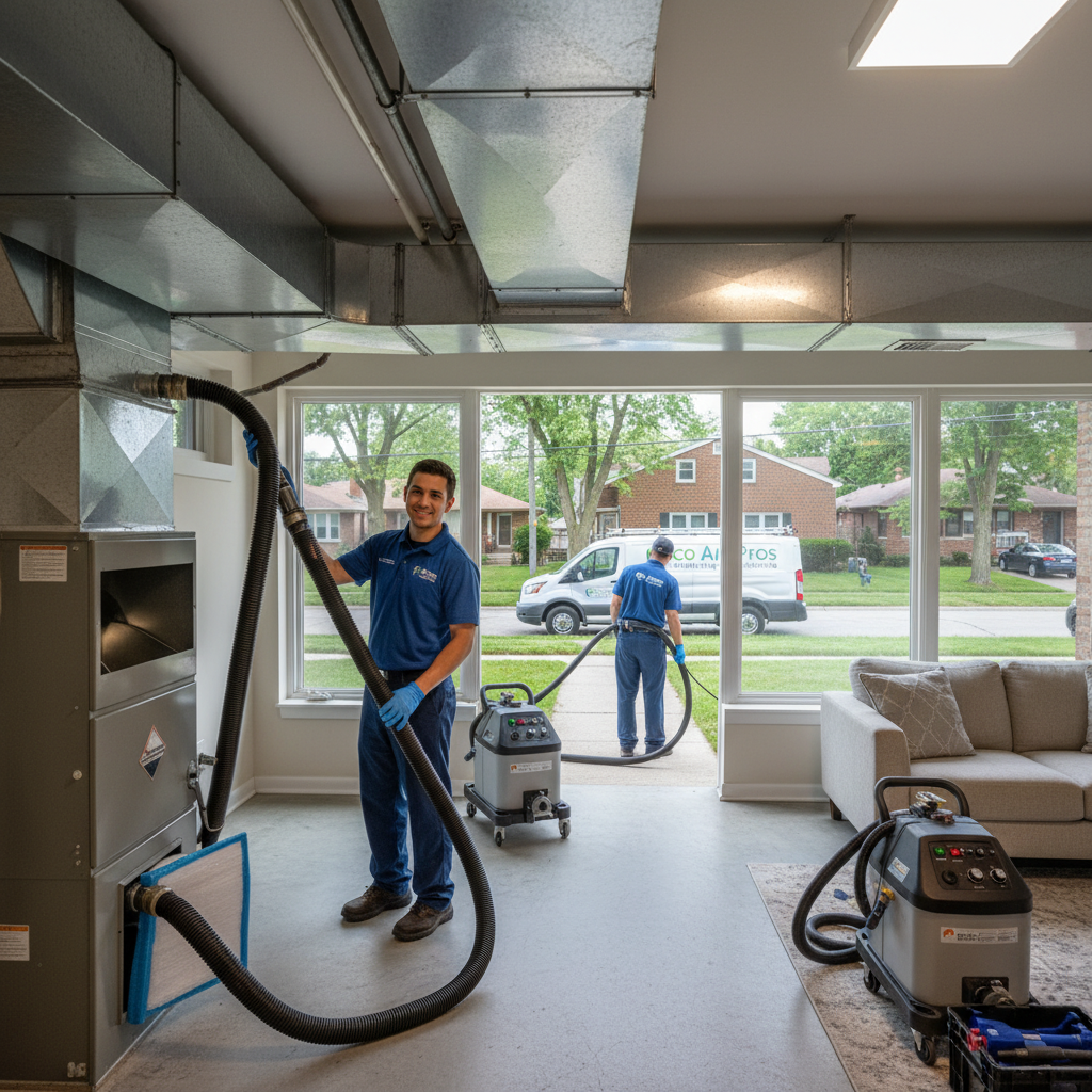 Clean air ducts visible after professional air duct cleaning service in an Elmwood Park home.