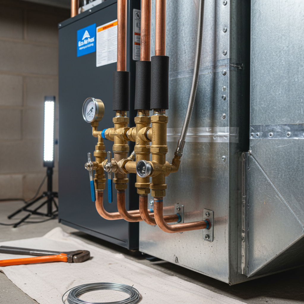 Close-up detail of new copper piping and valves during a furnace installation in Elmwood Park, IL.