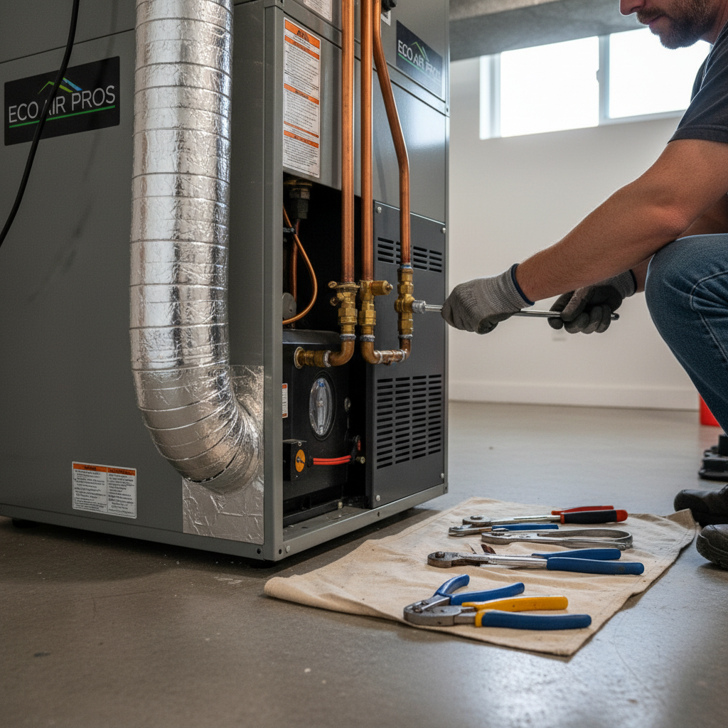 Close-up of a heating contractor servicing a furnace in Elmwood Park, IL, showing pipework and tools.