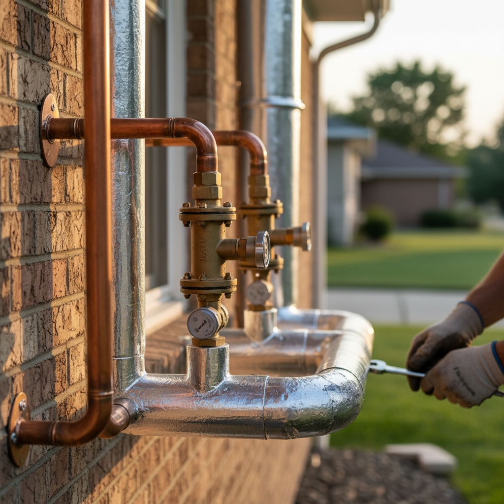 Close-up of a mechanical contractor working on insulated copper piping connections at a home in Elmwood Park, IL.
