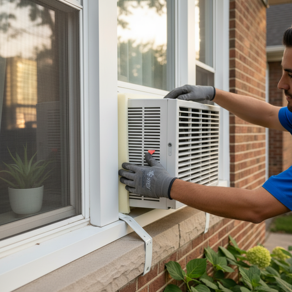 Close-up of a technician carefully fitting a new window AC unit during installation in Elmwood Park, IL.