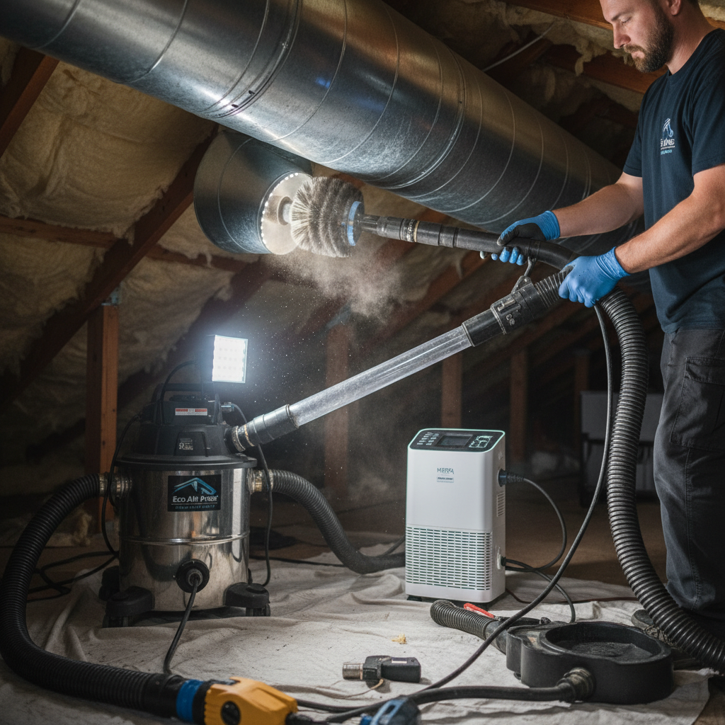 Close-up of a technician performing AC duct cleaning using specialized equipment and brushes in an Elmwood Park home.