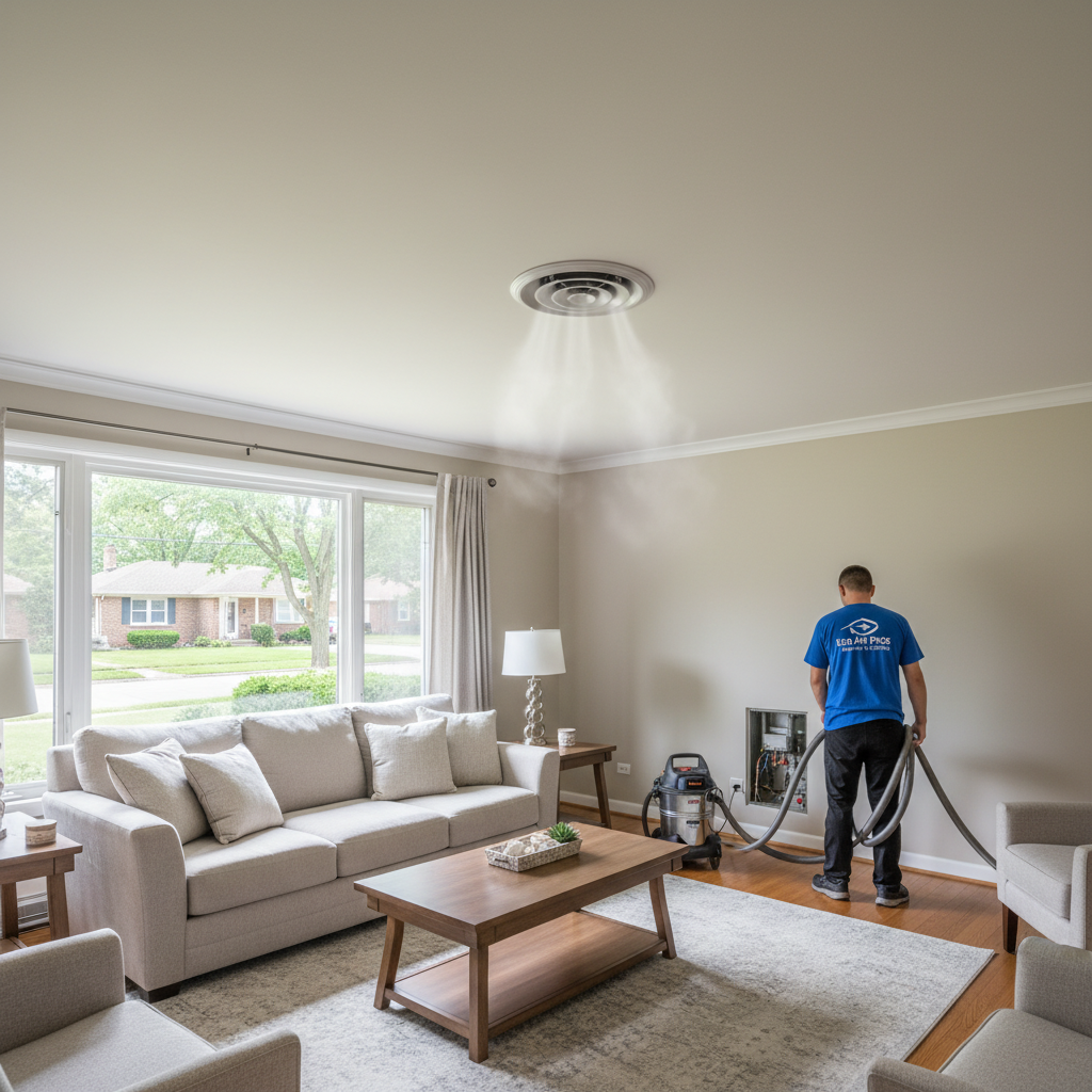 Close-up of a technician performing air duct cleaning with specialized equipment in an Elmwood Park home.