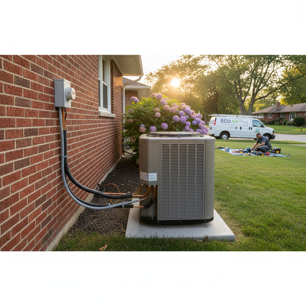 Close-up of a technician performing an air conditioning repair service on an outdoor unit in Elmwood Park, IL.