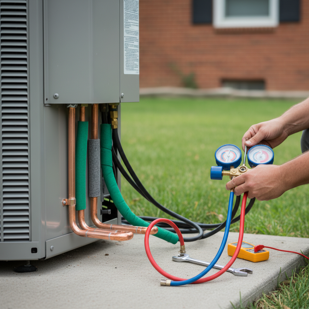 Close-up of a technician performing detailed AC repair on an outdoor unit in Elmwood Park, IL.