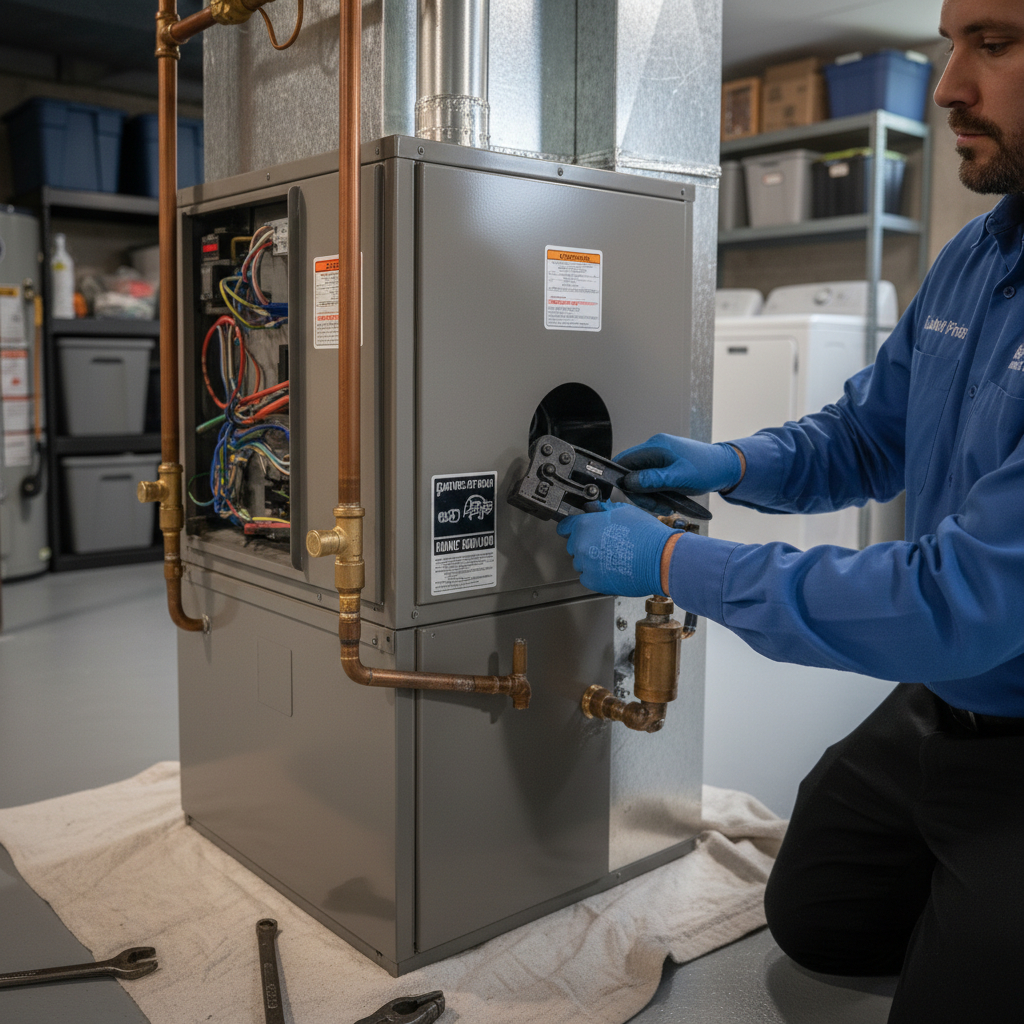 Close-up of a technician performing detailed work on a new furnace replacement in Elmwood Park, IL.