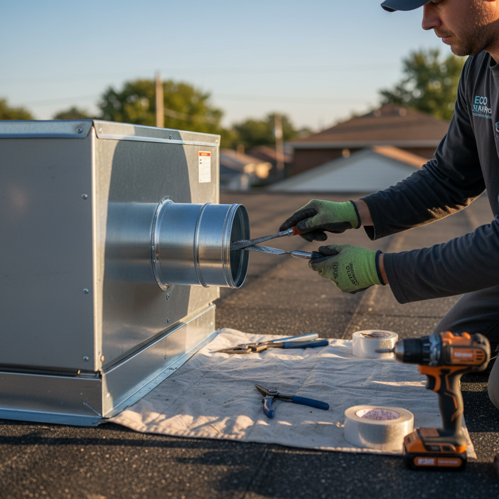 Close-up of a technician performing ductwork for an RTU replacement in Elmwood Park, IL.