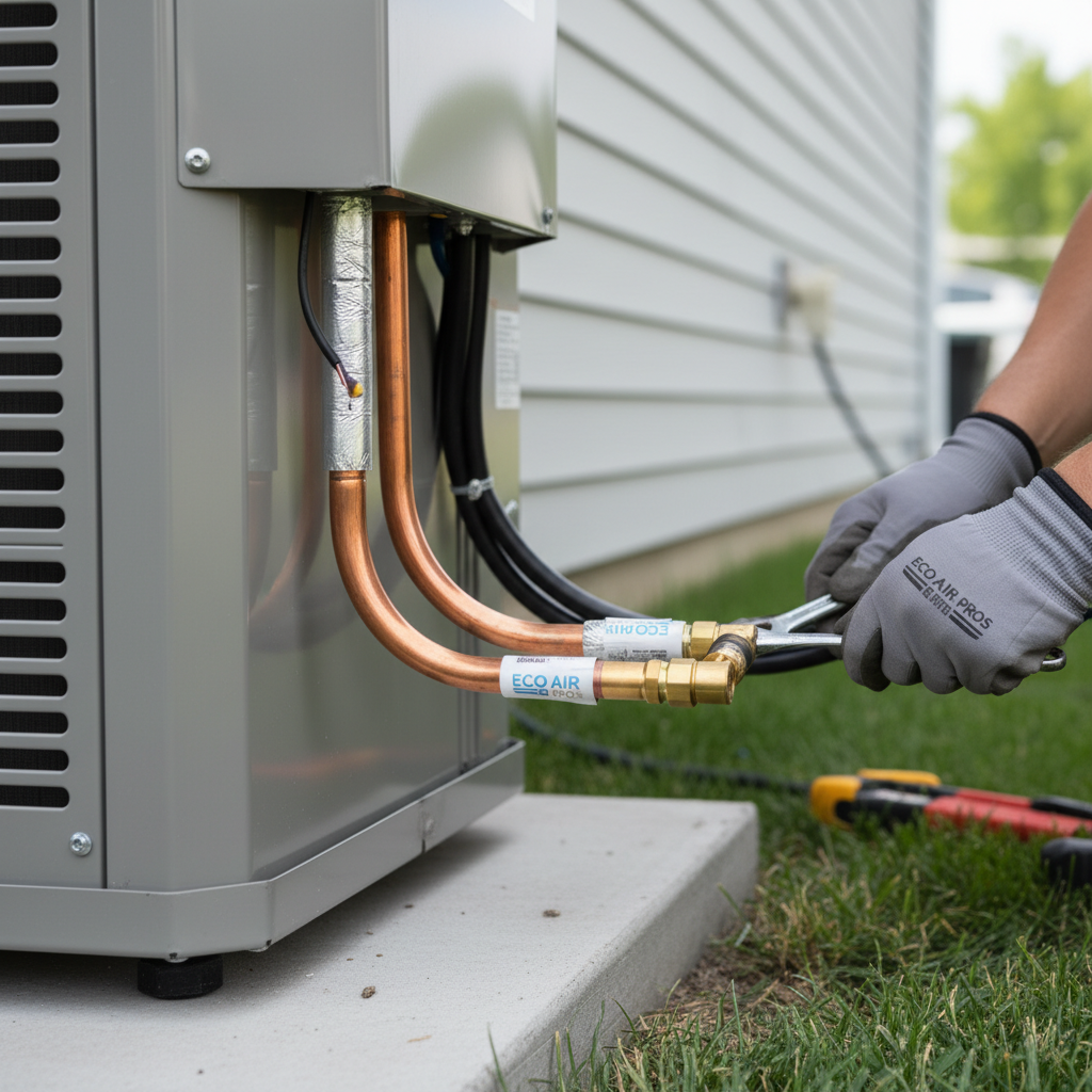 Close-up of an Air Conditioning Contractor technician working on a unit in Elmwood Park, IL, showing precise copper piping.