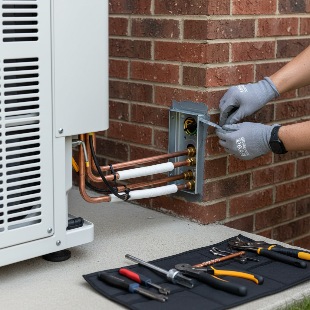 Close-up of an Eco Air Pros technician performing detailed AC replacement work on copper lines in Elmwood Park, IL.