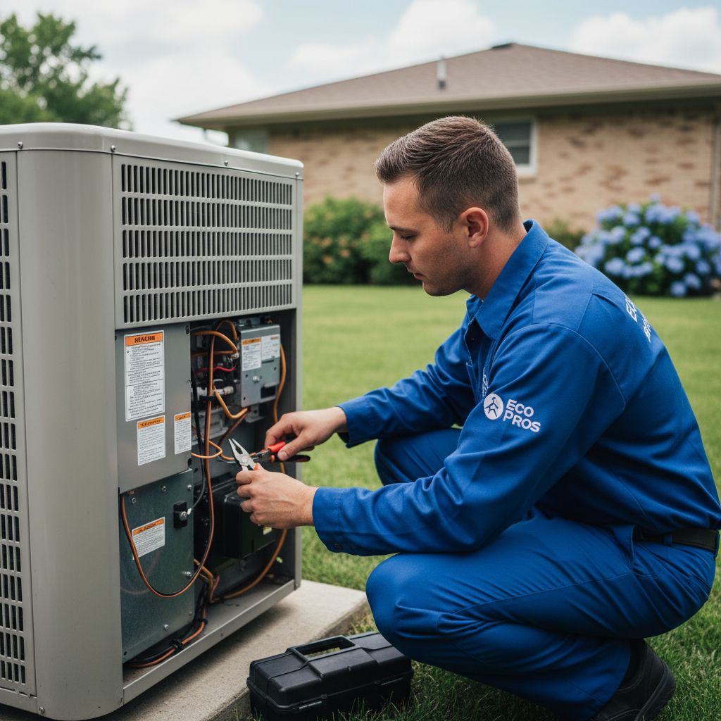 Close-up of an Eco Air Pros technician working on a modern air conditioning unit in a Harwood Heights home.