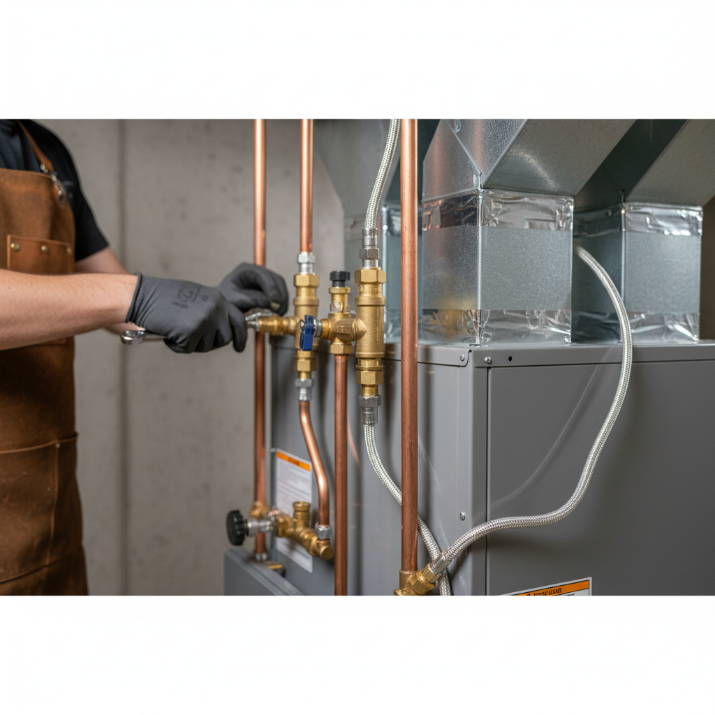 Close-up of new copper piping and valves during a heating system replacement in Elmwood Park, IL.