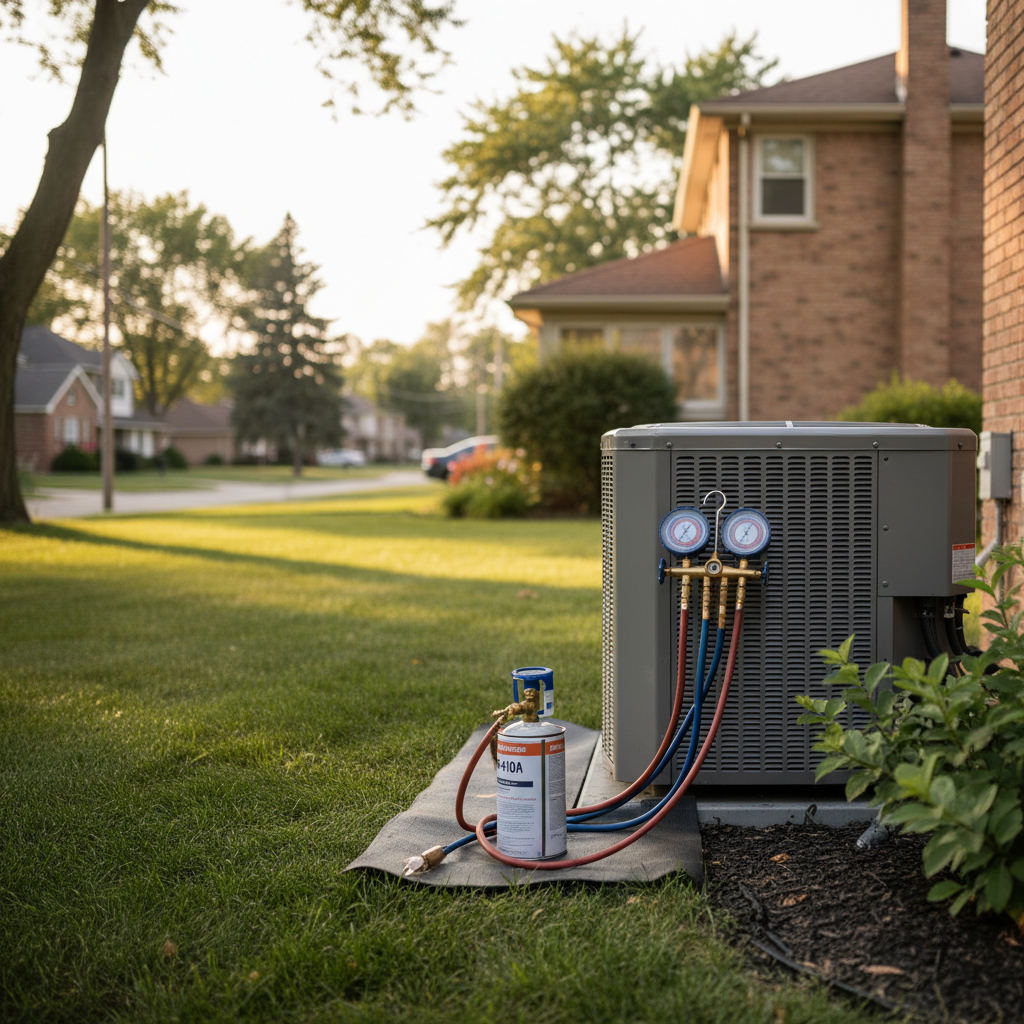 Completed AC refrigerant recharge system on an outdoor unit in a residential backyard in Elmwood Park, IL.