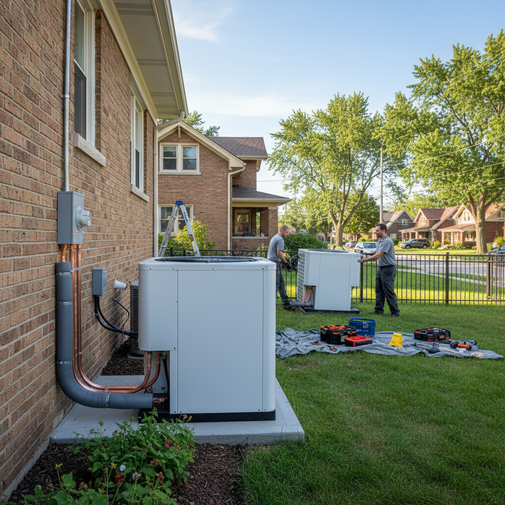 Completed AC replacement unit installation outside a brick home in Elmwood Park, IL by Eco Air Pros Heating & Cooling.