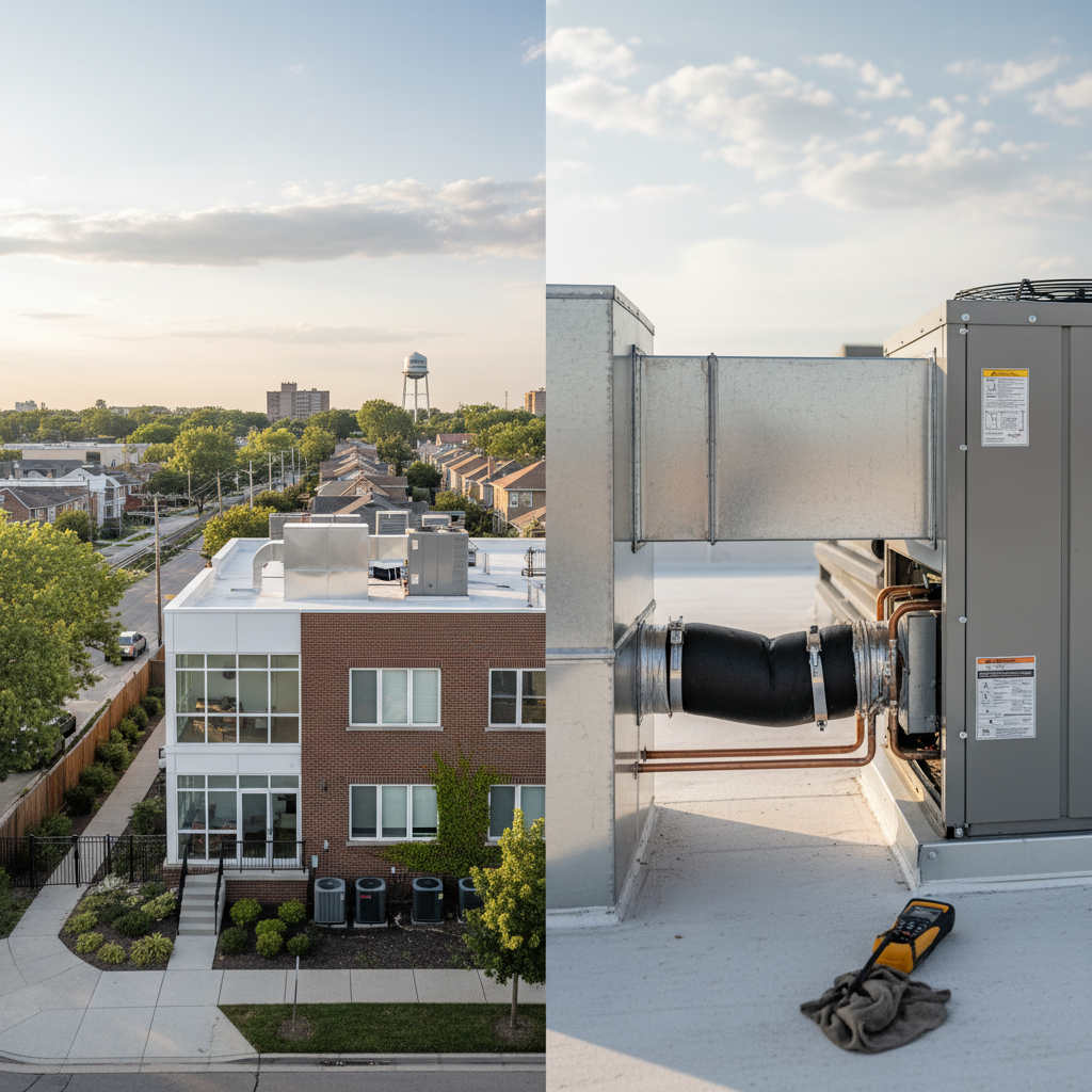 Completed building mechanical systems project on a modern residential building in Elmwood Park, IL, under a clear sky.