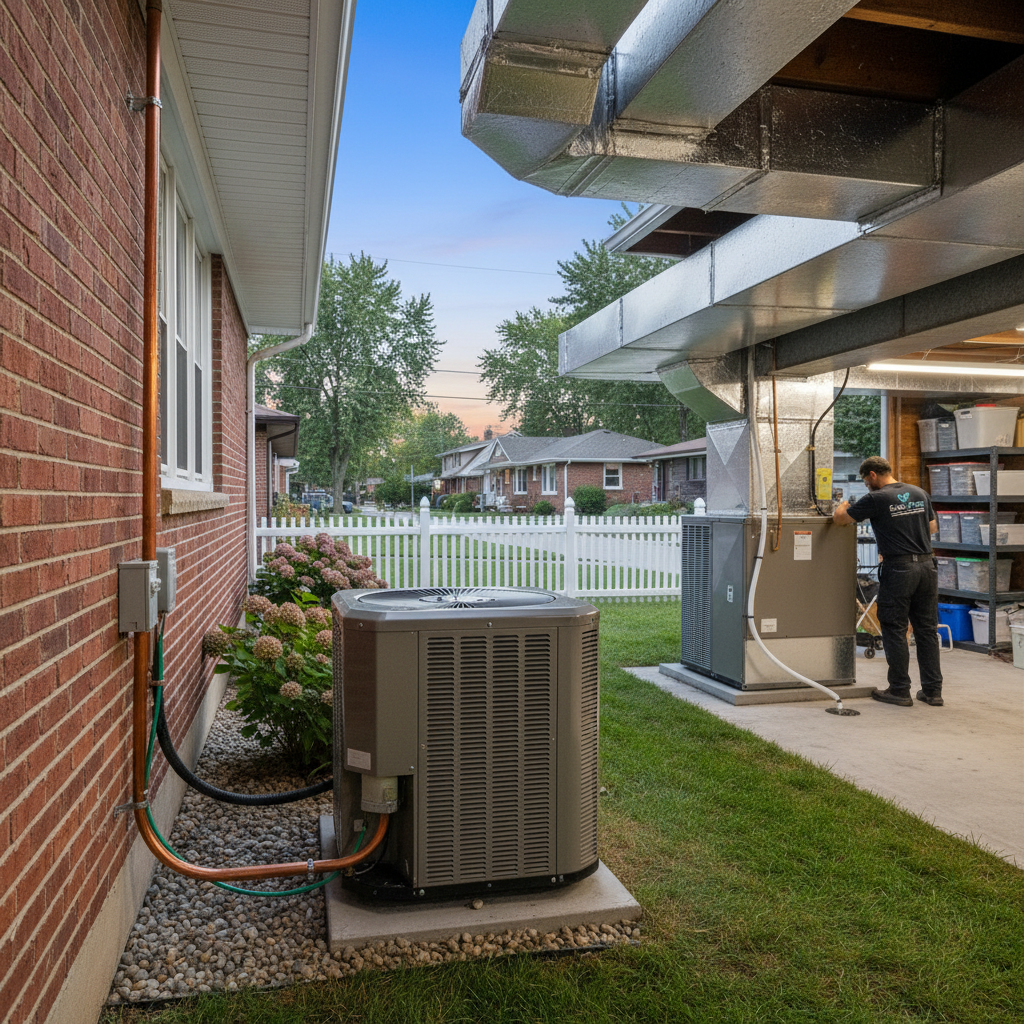 Completed central AC installation outside a brick home in Elmwood Park, IL, showing the outdoor unit and a technician.