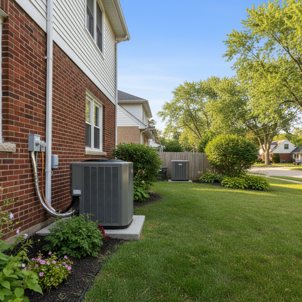 Completed central air conditioning installation with outdoor unit at a home in Elmwood Park, IL.