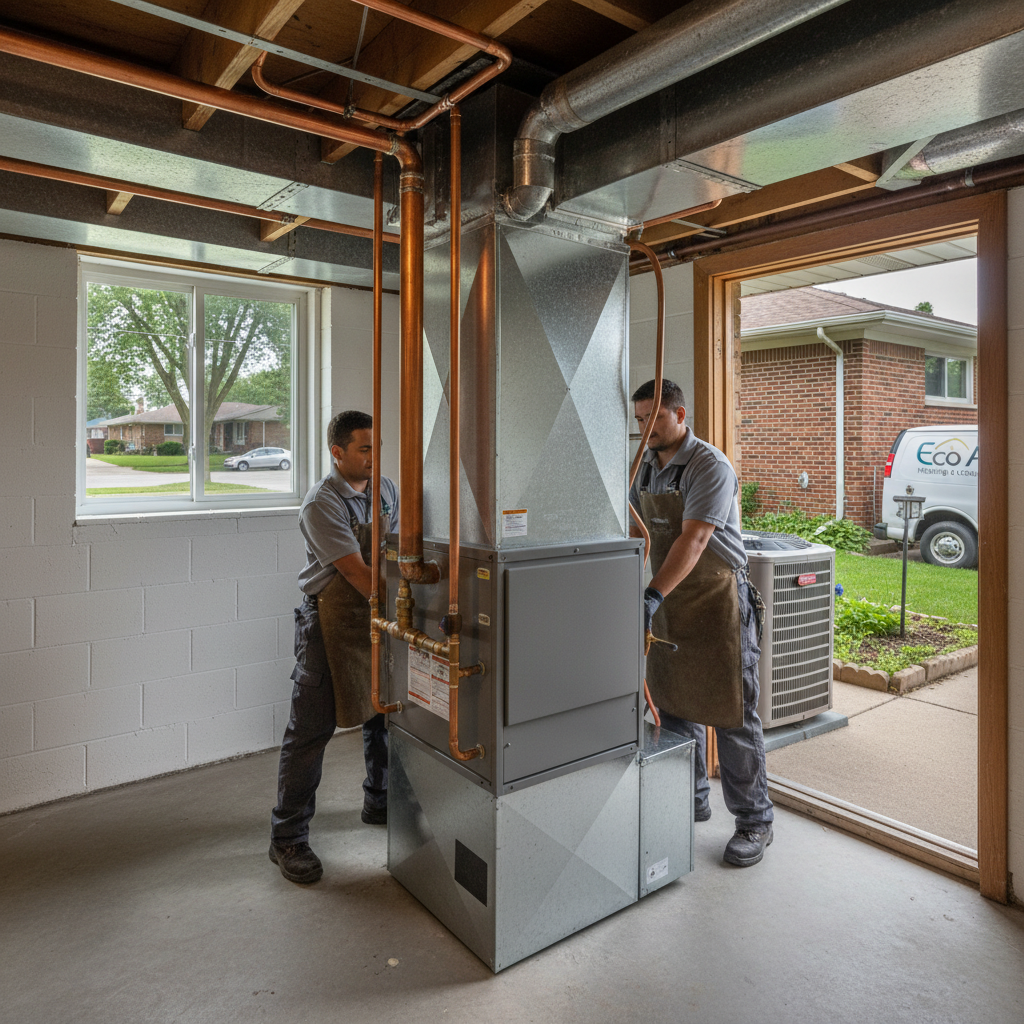 Completed heating system replacement installed in an Elmwood Park home by Eco Air Pros Heating & Cooling.