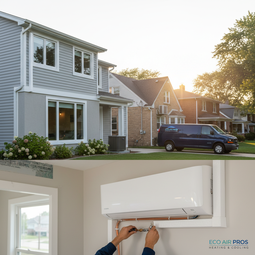 Completed mini split installation project on a modern home in Elmwood Park, IL by Eco Air Pros Heating & Cooling.