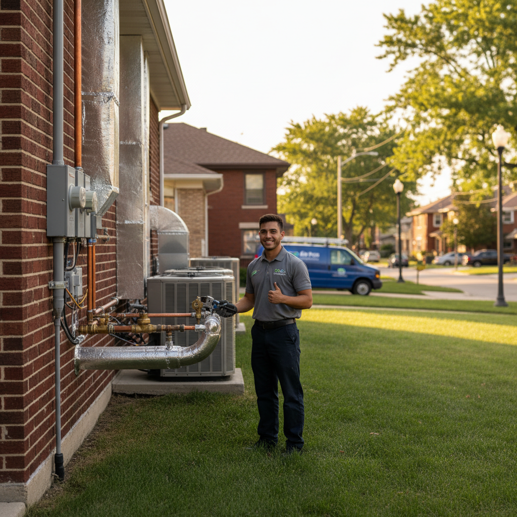 Completed outdoor mechanical contractor installation on a residential building in Elmwood Park, IL, showing new piping and HVAC units.