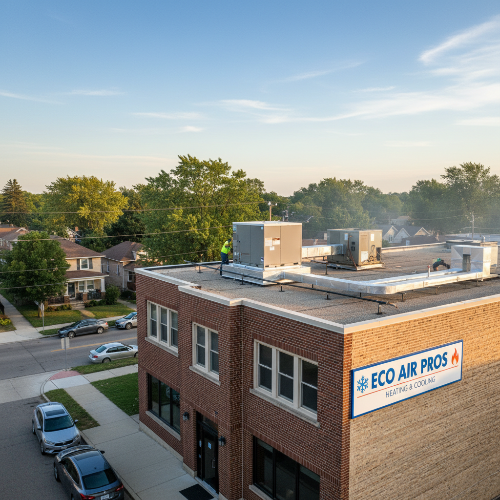 Completed RTU replacement on a commercial building in Elmwood Park, IL by Eco Air Pros Heating & Cooling.