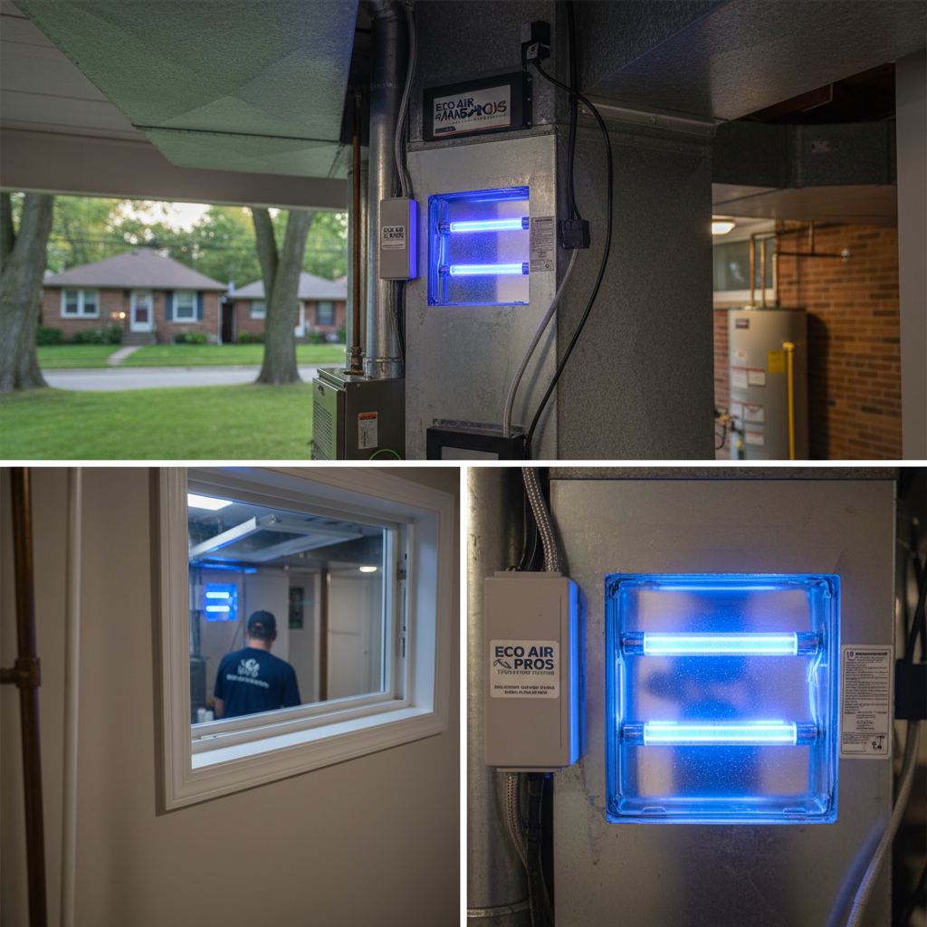 Completed UV air purifier installation in a residential basement in Elmwood Park, IL, showing the unit glowing blue.