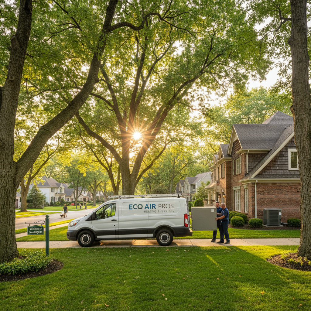 Eco Air Pros HVAC technicians installing new heating and cooling equipment for a Northfield, IL home.