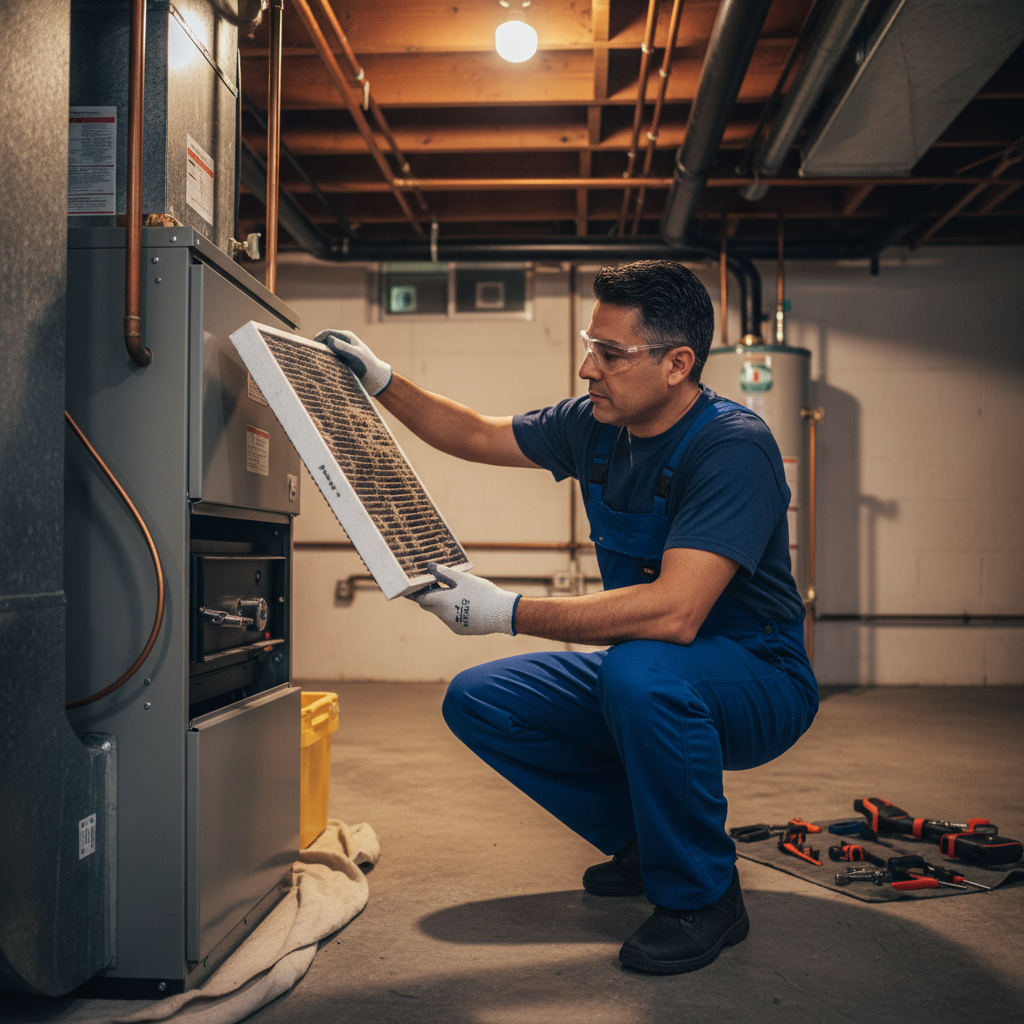 Eco Air Pros professional cleaning a furnace filter during HVAC maintenance in Auburn Gresham, IL.