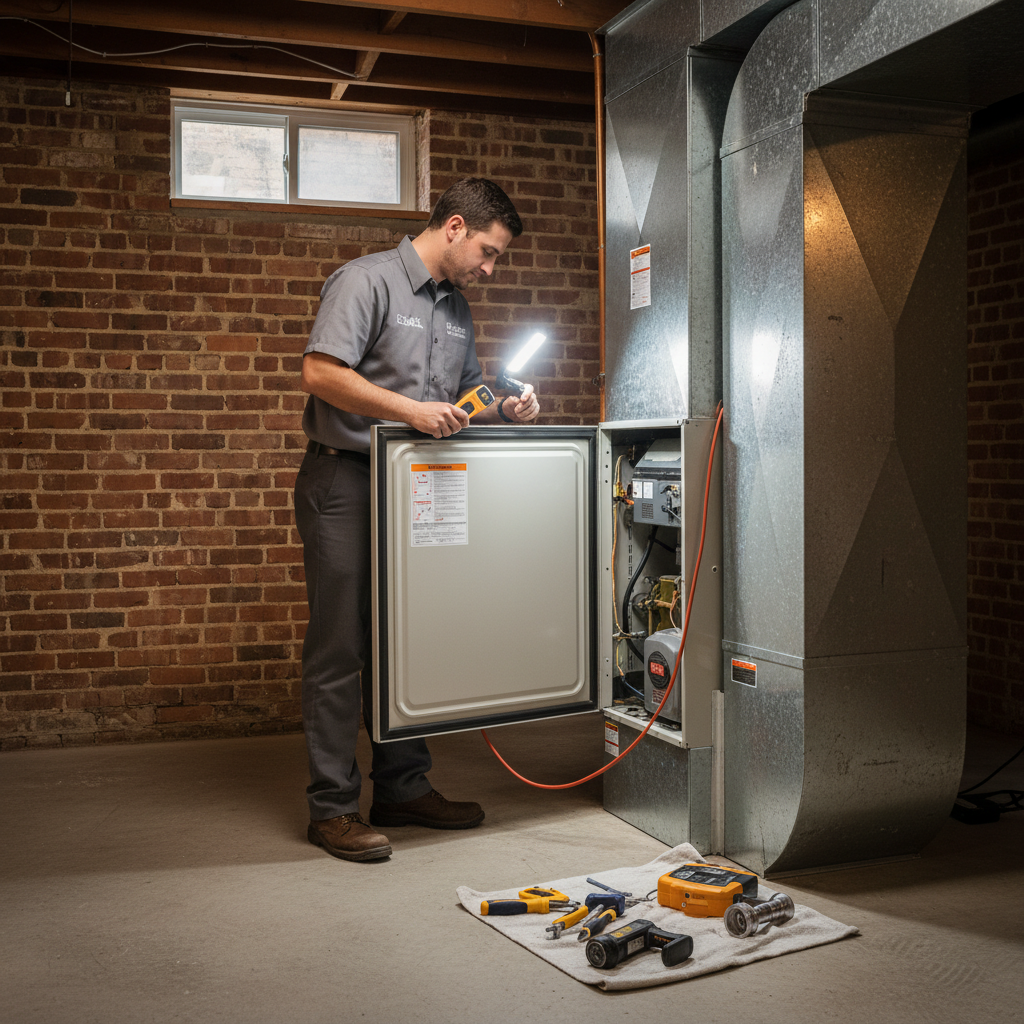 Eco Air Pros professional inspecting a furnace, ensuring optimal heating for a Palmer Square residence.