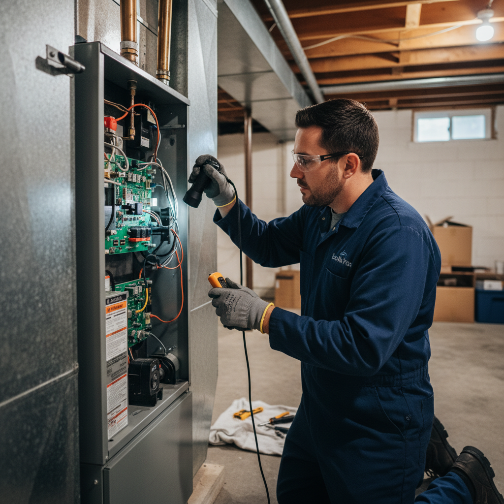 Eco Air Pros professional inspecting a furnace for HVAC maintenance in an Elmhurst, IL residence.