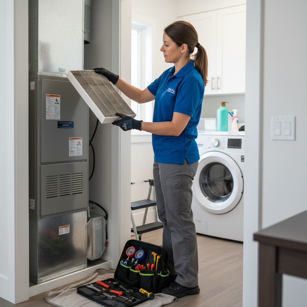 Eco Air Pros Staging expert performing HVAC system maintenance in a client's Chicago suburbs home.