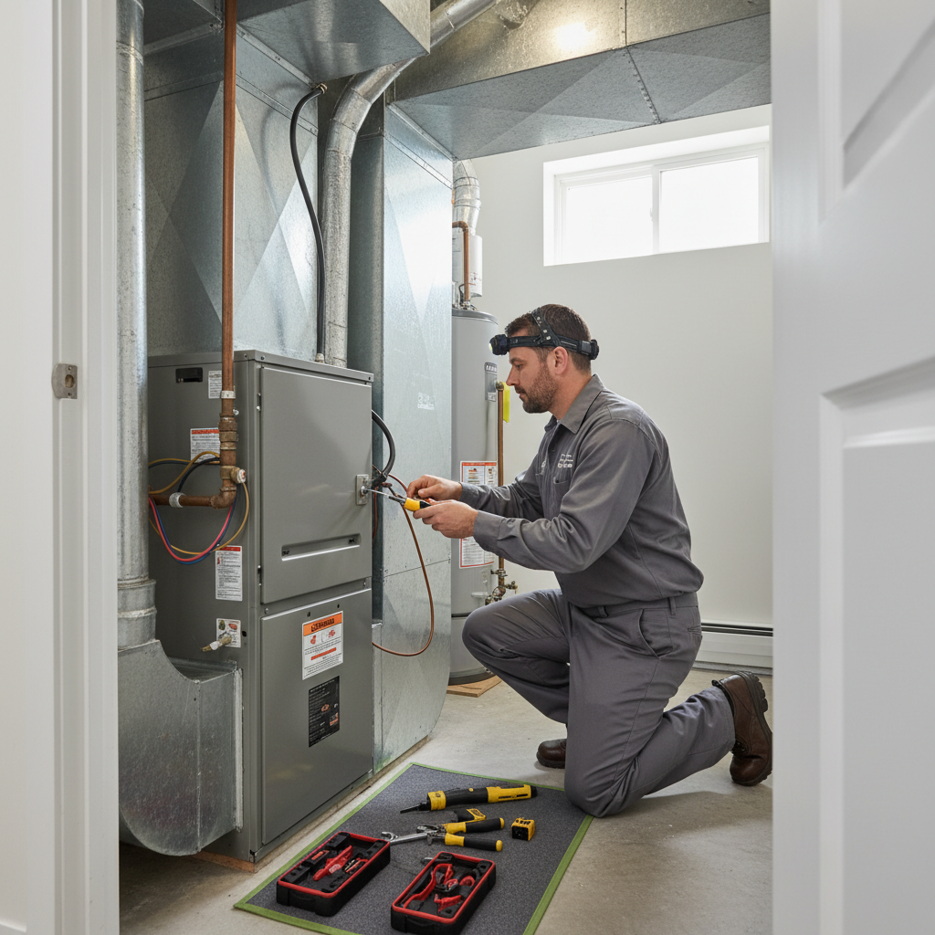 Eco Air Pros Staging expert performing maintenance on a residential HVAC system in the Chicago suburbs.