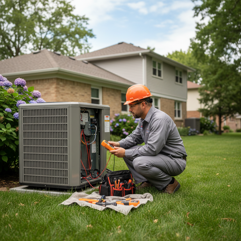 Eco Air Pros Staging professional checking an outdoor AC unit in a residential Chicago suburbs backyard.