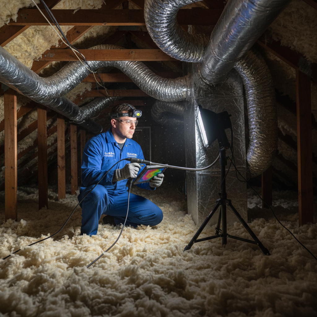 Eco Air Pros Staging professional inspecting ductwork in an attic, ensuring optimal HVAC performance in the Chicago suburbs.