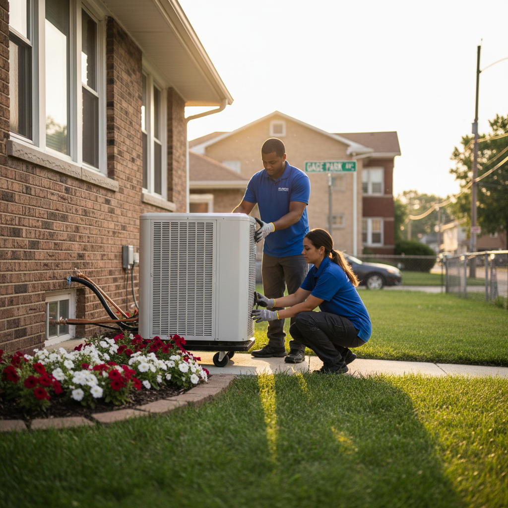Eco Air Pros Staging professional technicians installing a new energy-efficient air conditioning unit in a Gage Park, IL home.