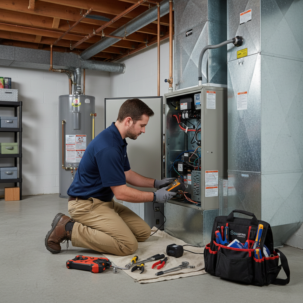 Eco Air Pros Staging technician performing routine maintenance on a furnace in a Skokie, IL basement.